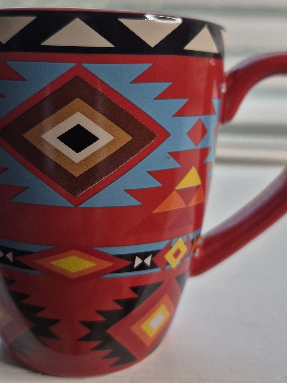 Black Geometric Aztec Pattern Ceramic Mug - Blue & Red Accent - Picture 2 of 11